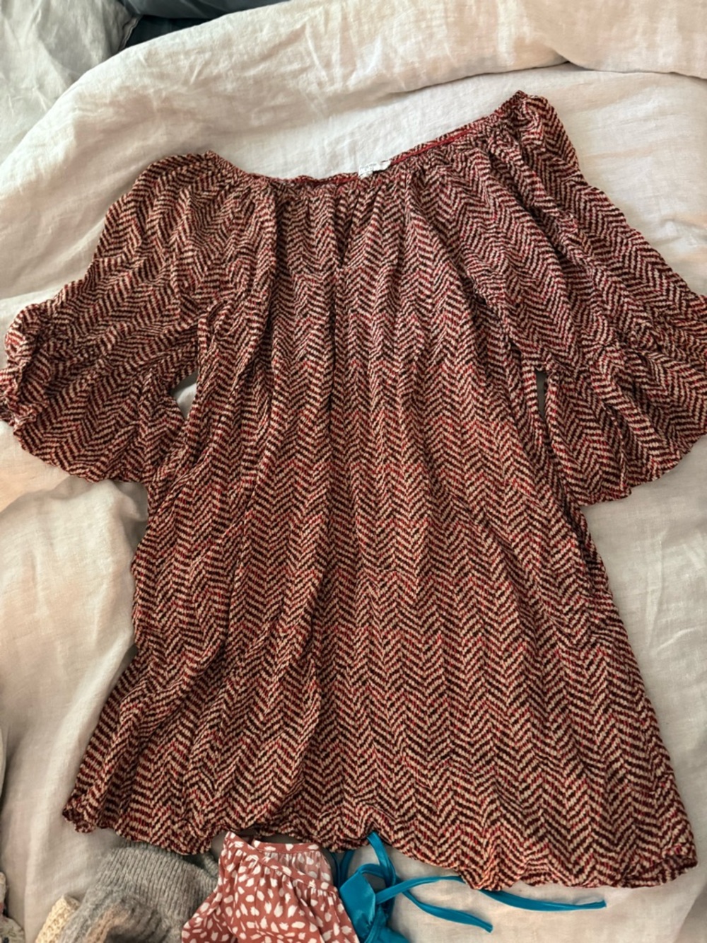 Off-Shoulder Chevron Peasant Style Dress - Rust & Black